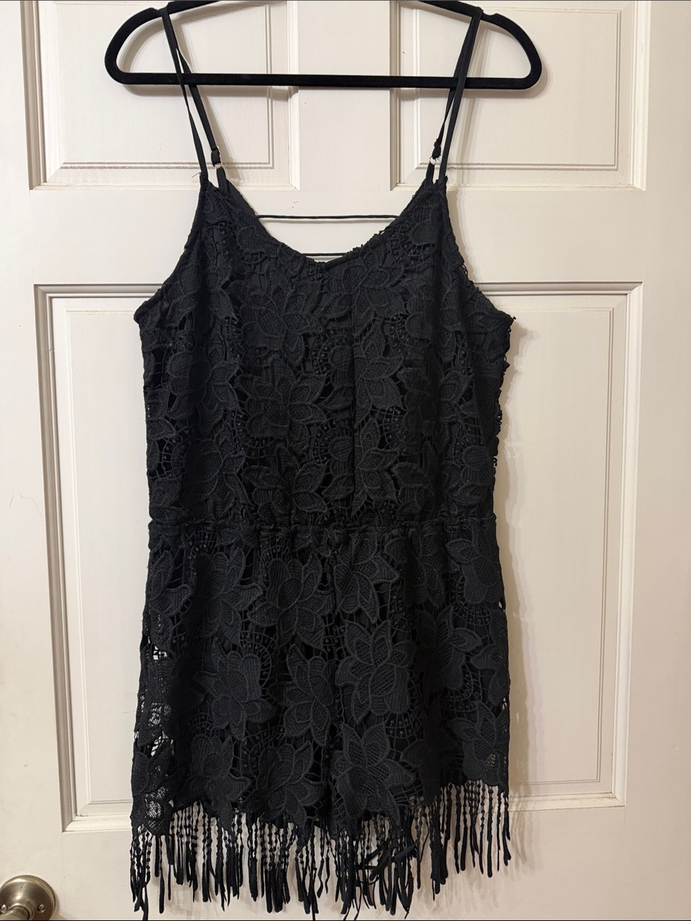 Blu Pepper Black Floral Lace Romper with Fringe Hem